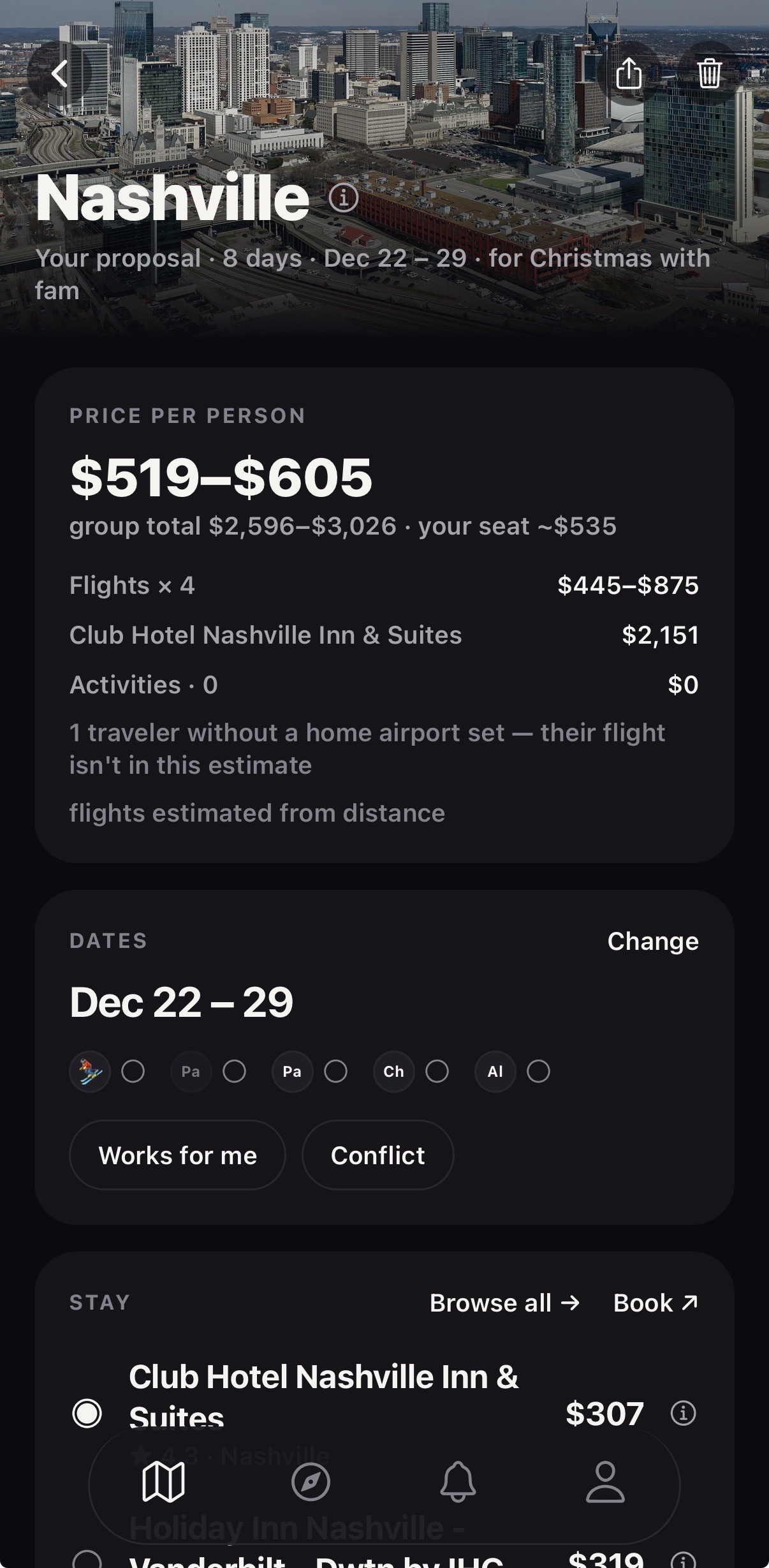 A Nashville proposal with per-person price breakdown and dates