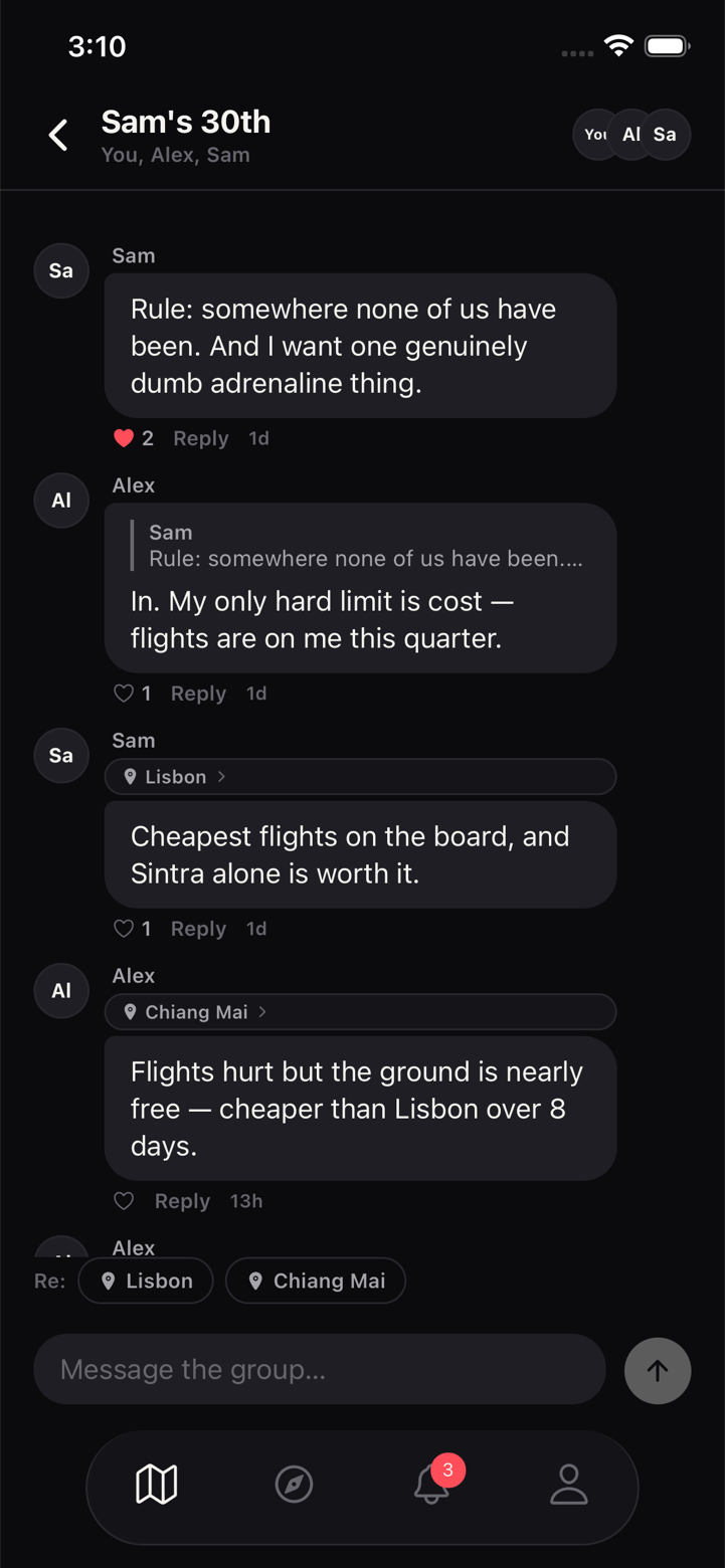 Group chat discussing Lisbon vs Chiang Mai proposals